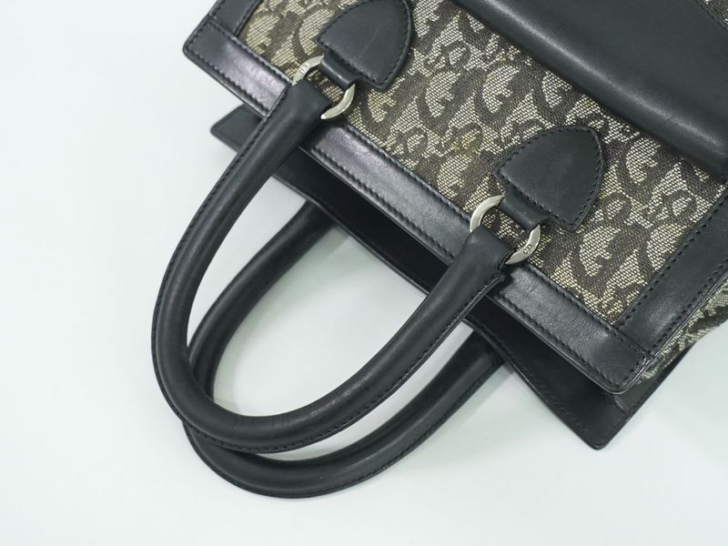 Authentic Christian DIOR Trotter Handbag Canvas Leather Gray Black Trotter Bag