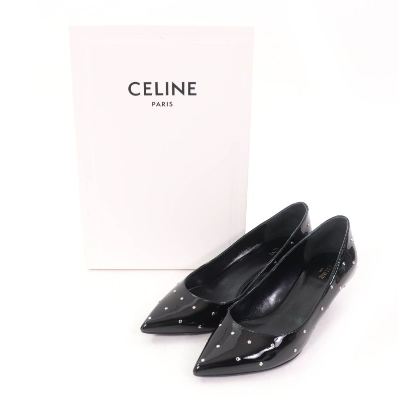Celine Studded Pointed Toe Patent Leather Pumps Black Silver Hardware 36.5 With