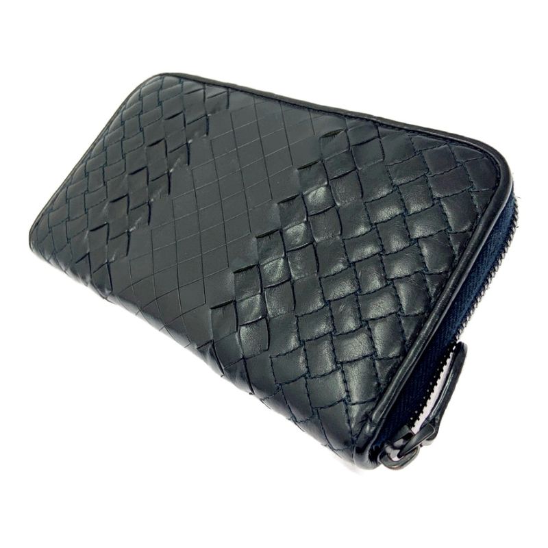 Bottega Veneta Leather Intreccio Imperatore Round Zipper Long Wallet Black