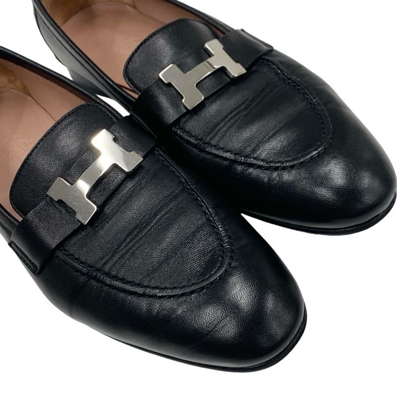Hermes Paris Loafers Shoes Leather Black Silver Moccasins Flat Shoes Hhardware