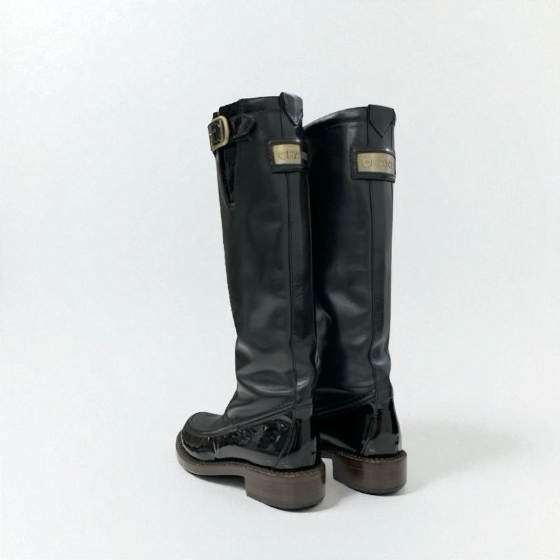 Chanel Boots Long Boots Shoes Leather Patent Black Gold Logo