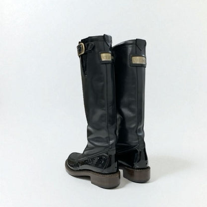 Chanel Boots Long Boots Shoes Leather Patent Black Gold Logo