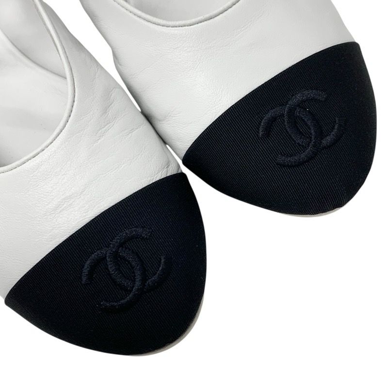 Chanel Flat Shoes Leather Fabric White Black White Mary Jane Here Mark Ballet