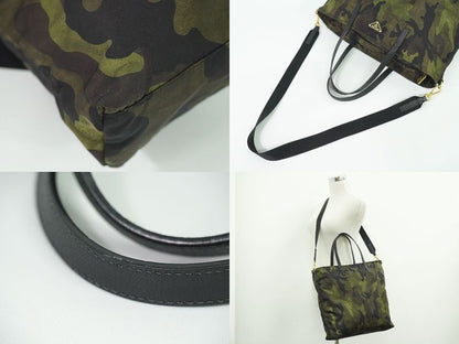 Authentic Prada Camouflage Pattern 2WAY Shoulder Bag Handbag Nylon Khaki Black