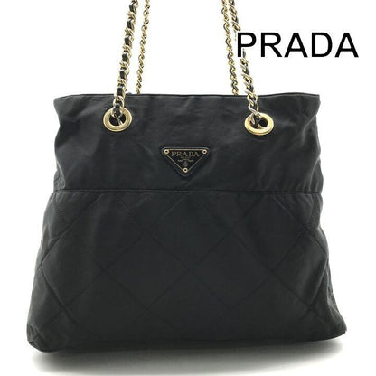 Prada Nylon Chain Tote Shoulder Bag Black Purse