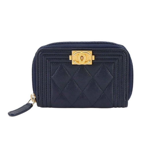 Chanel Boy Zip Coin Purse Caviar Leather Navy Gold