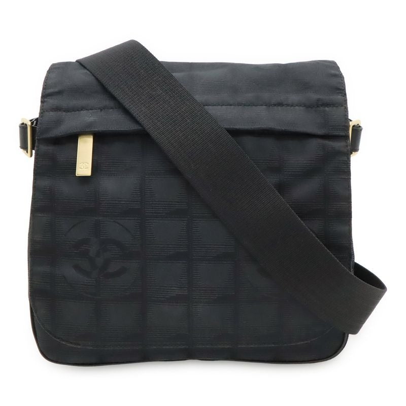 Chanel New Travel Line Shoulder Bag Crossbody Nylon Jacquard Leather Black