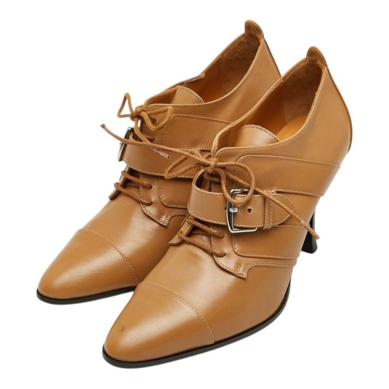 Hermes Strap Lace Up Ankle Bootie 35.5 Brown Leather Boot