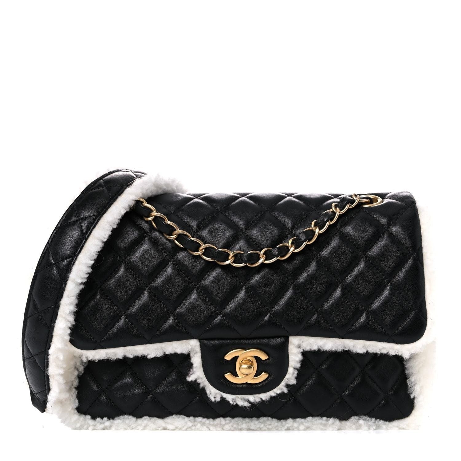 CHANEL Lambskin Quilted Shearling Large CC Flap Bag Black White Purse