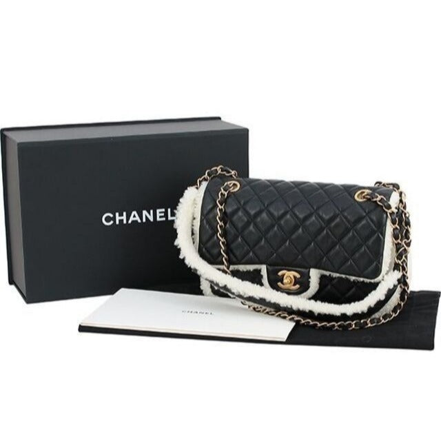 CHANEL Lambskin Quilted Shearling Large CC Flap Bag Black White Purse