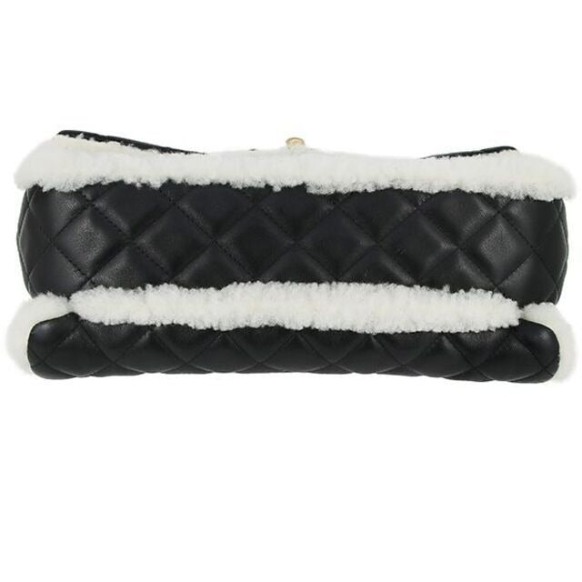 CHANEL Lambskin Quilted Shearling Large CC Flap Bag Black White Purse