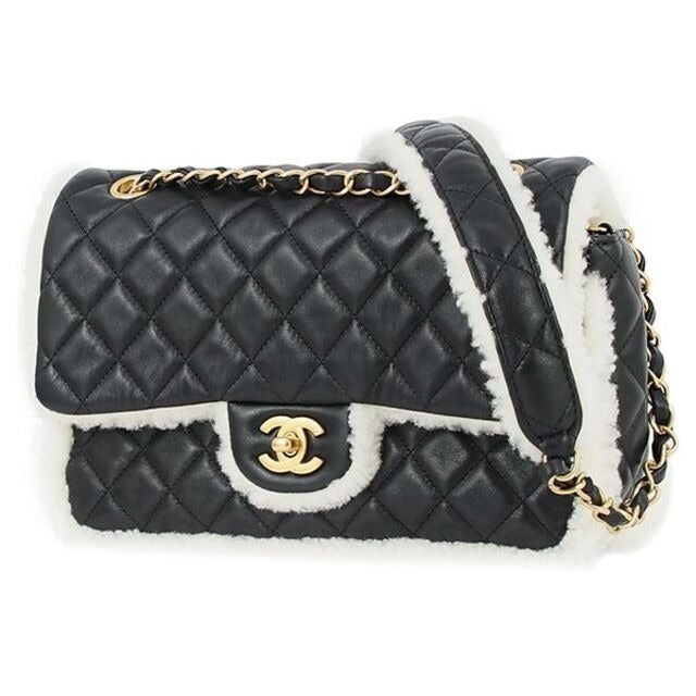 CHANEL Lambskin Quilted Shearling Large CC Flap Bag Black White Purse