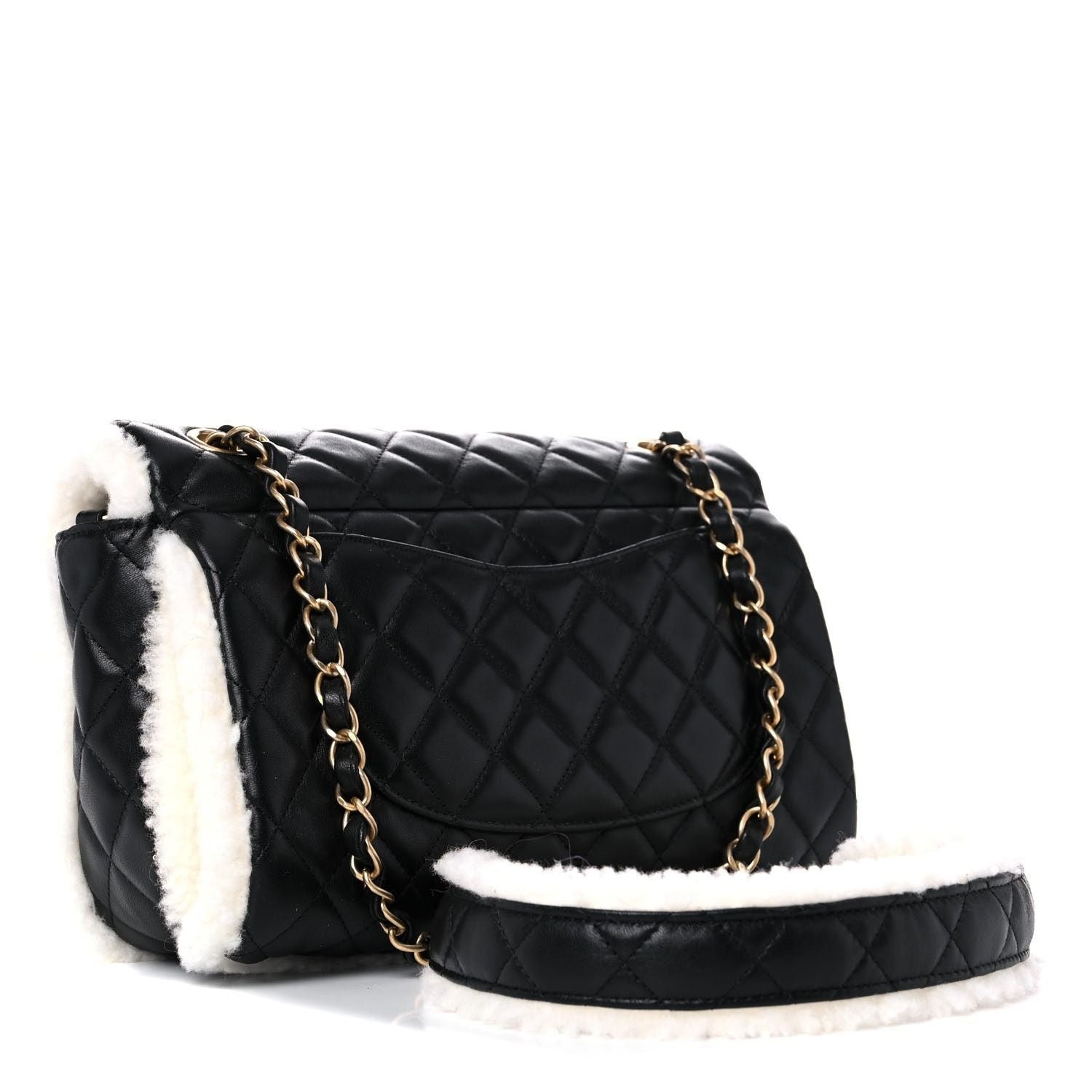 CHANEL Lambskin Quilted Shearling Large CC Flap Bag Black White Purse