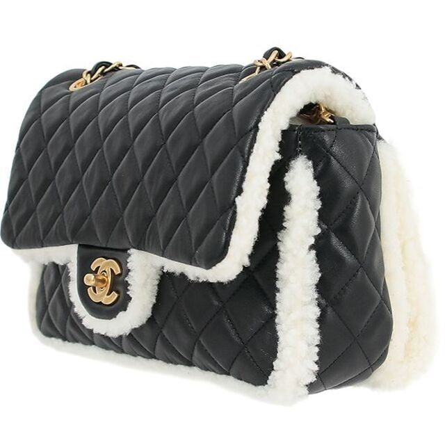 CHANEL Lambskin Quilted Shearling Large CC Flap Bag Black White Purse