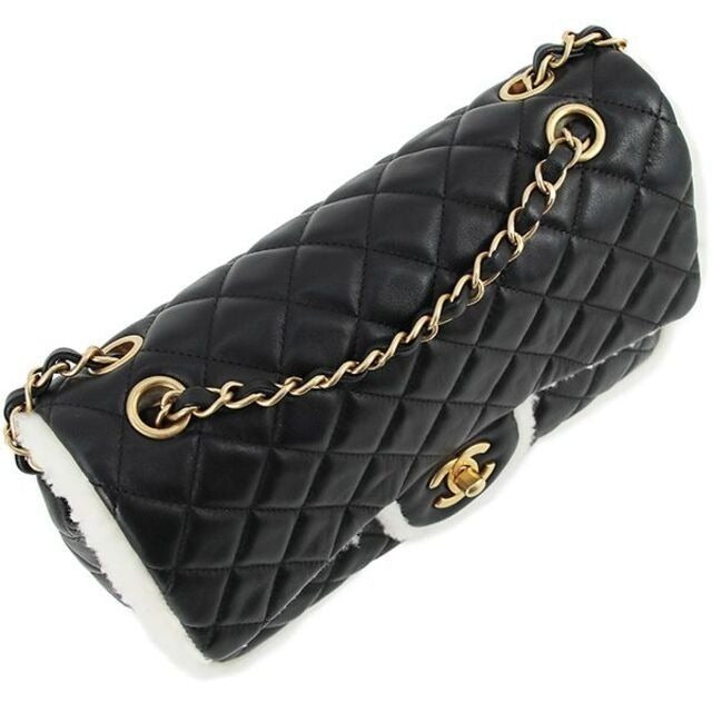 CHANEL Lambskin Quilted Shearling Large CC Flap Bag Black White Purse