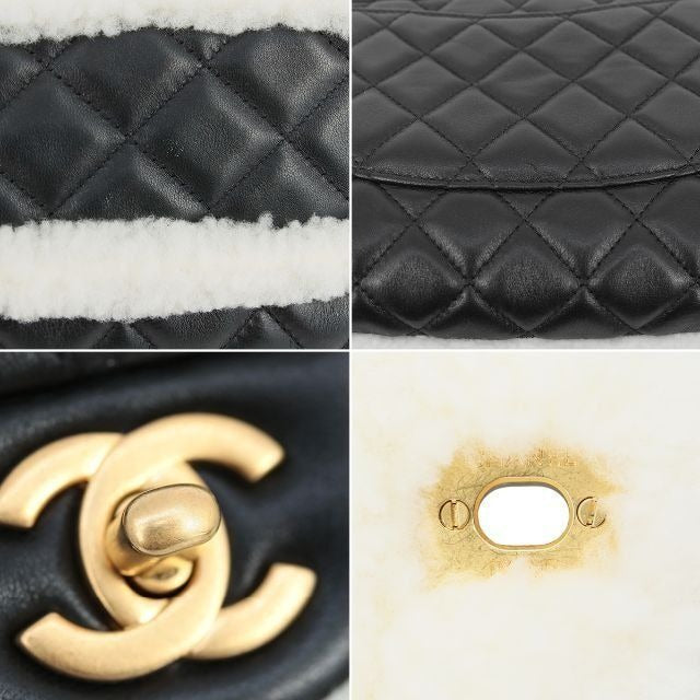 CHANEL Lambskin Quilted Shearling Large CC Flap Bag Black White Purse