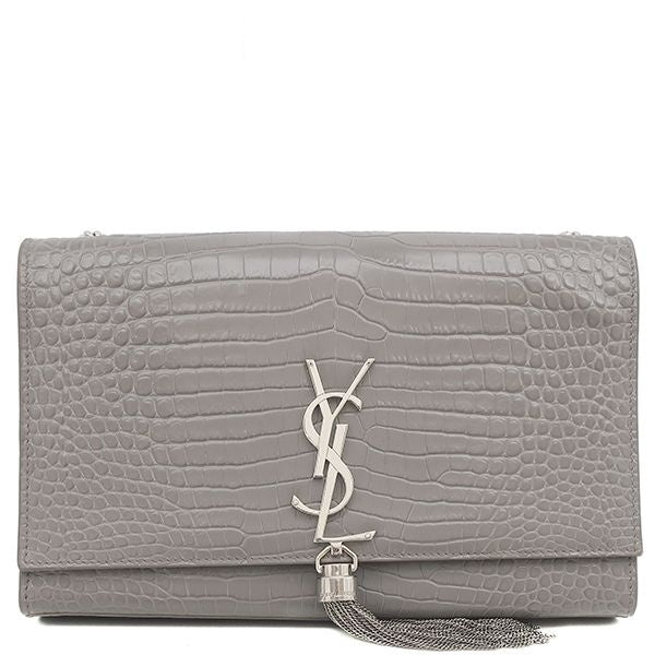 Saint Laurent Shoulder Bag Kate Tassel Chain Leather Gray Silver Monogram