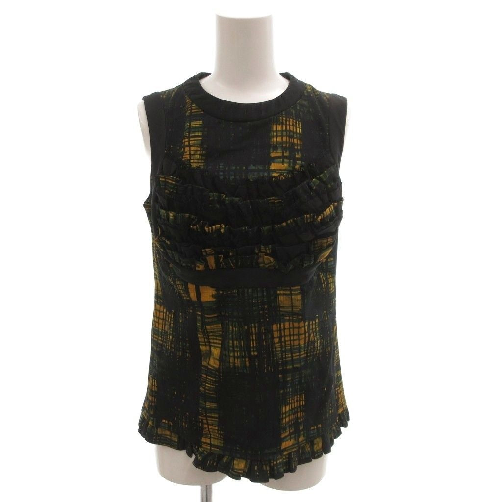 Prada Top Blouse Sleeveless Check Frill Lace 38 Navy Yellow