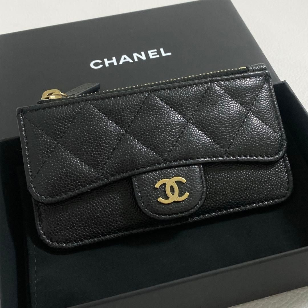 Chanel Quilted Zip Card Case Caviar Leather Black