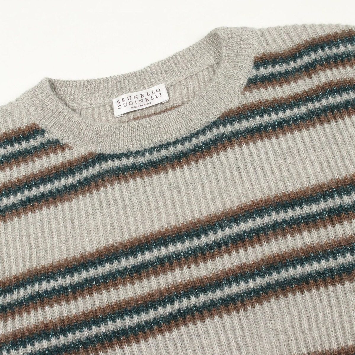 Brunello Cucinelli Knit Border Crew Neck Wool Sweater — view 7
