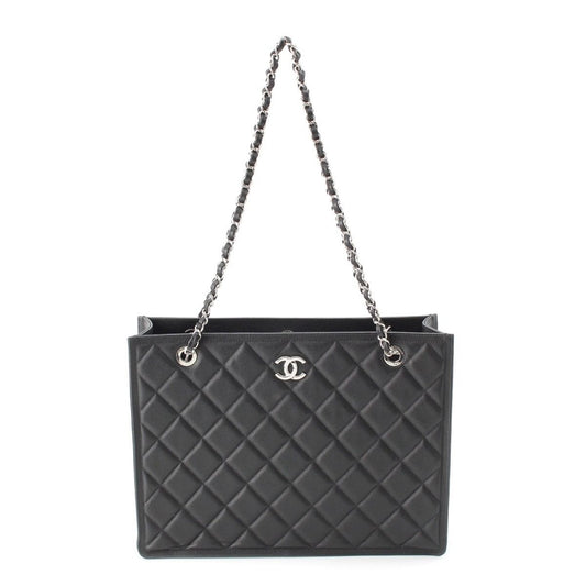 Chanel 23k Caviar Leather Quilted CC Logo Chain Tote Black Silver