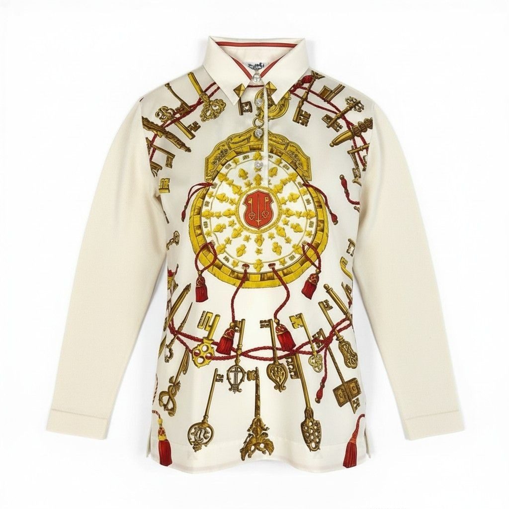 Hermes Ed7 Silk Contrast Long Sleeve Polo Shirt S White Manches