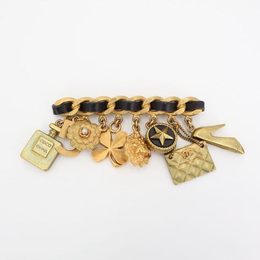 Chanel Vintage Quilted Coco Mark 8 Charm Chain Brooch Gold Black Plated