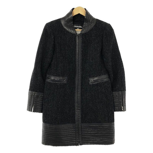 Chanel Wool Herringbone Tweed Lamb Skin Trimmed Lined Silk Zip Up Coat 36