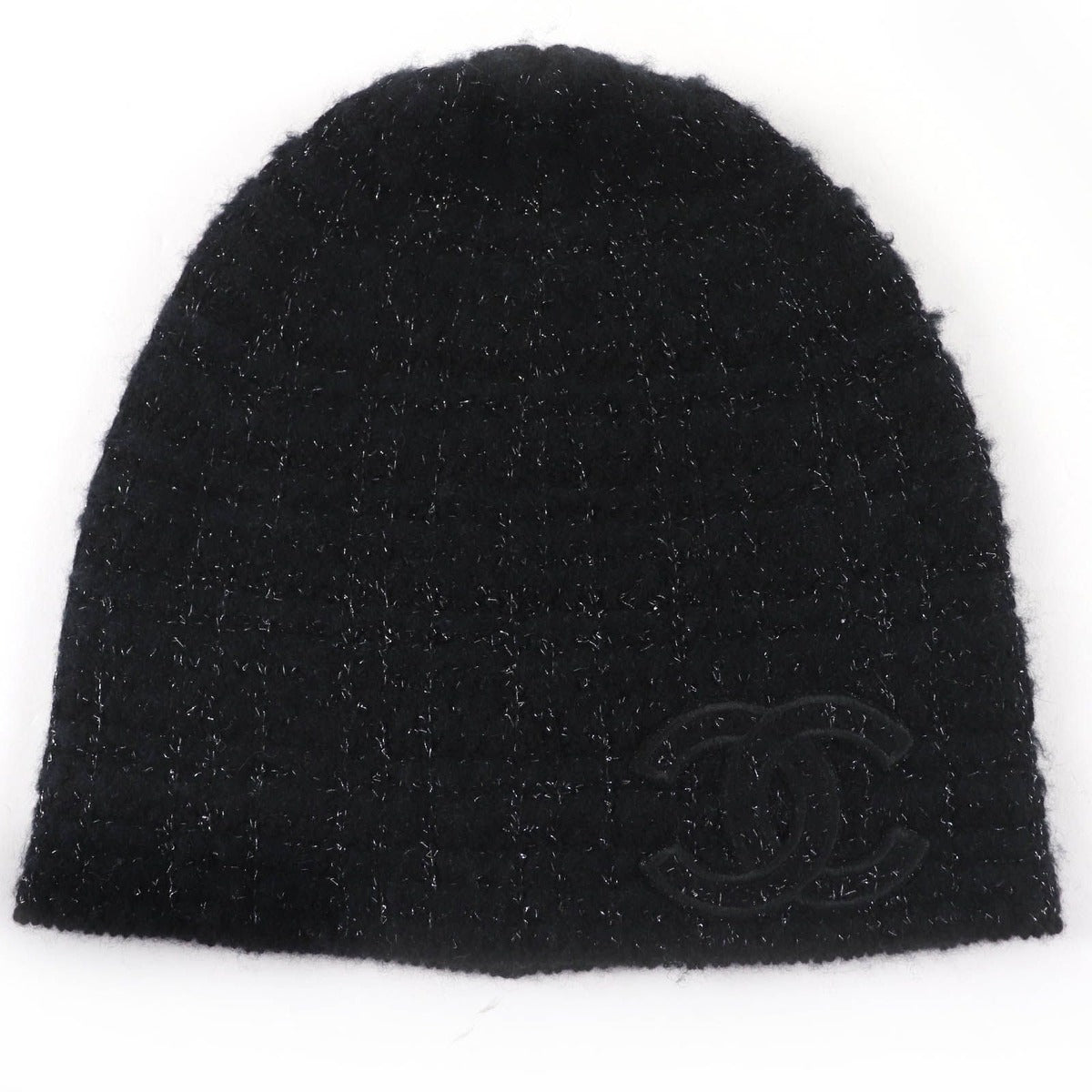 Chanel Cashmere Silk CC Logo Knit Cap Beanie Hat Black Lame