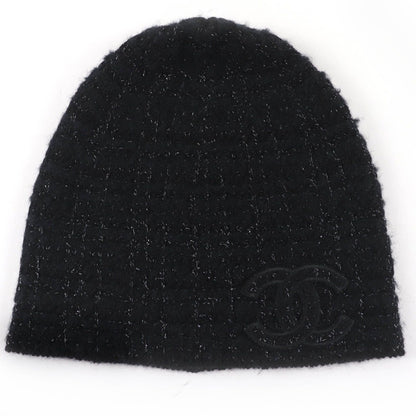 Chanel Cashmere Silk CC Logo Knit Cap Beanie Hat Black Lame