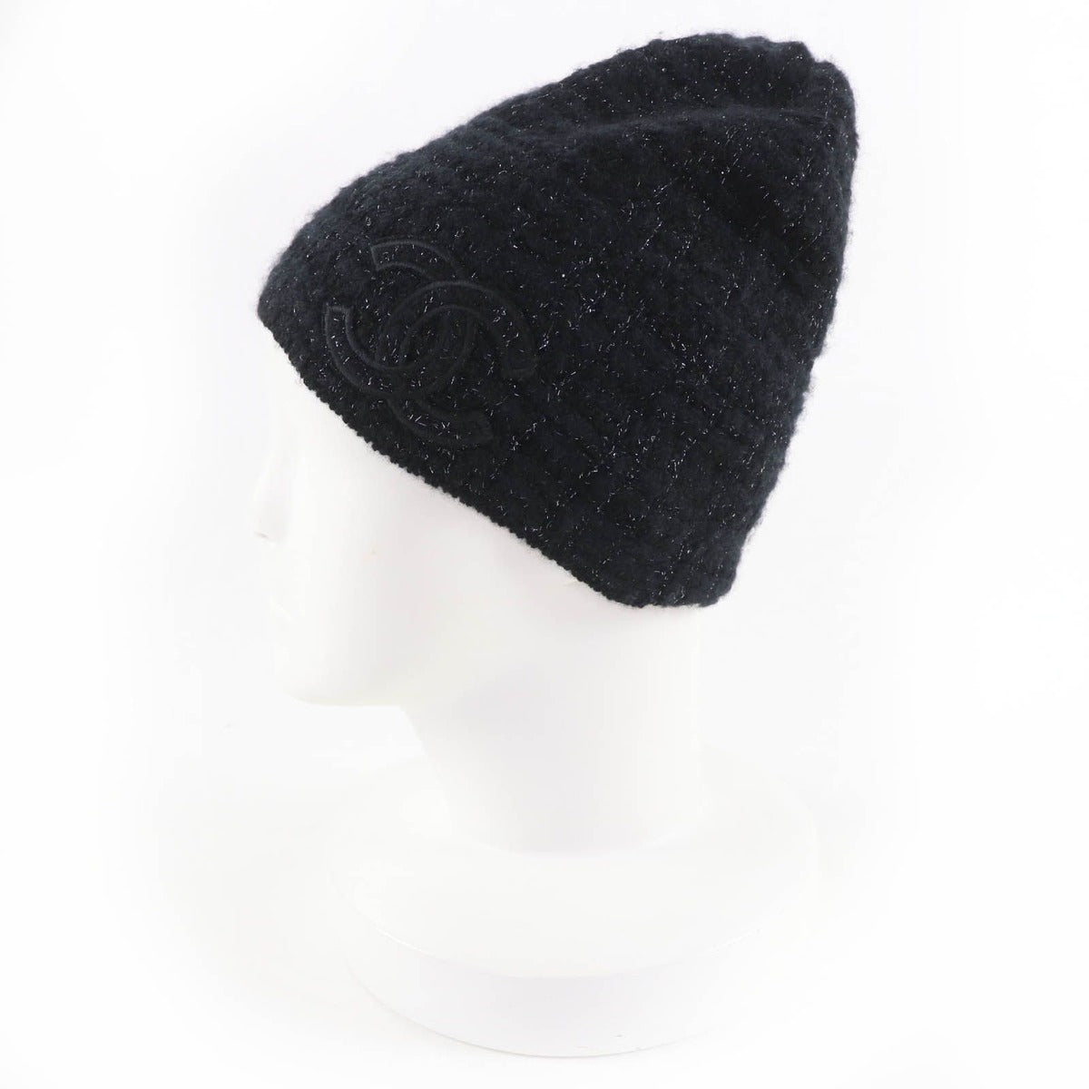 Chanel Cashmere Silk CC Logo Knit Cap Beanie Hat Black Lame — view 4