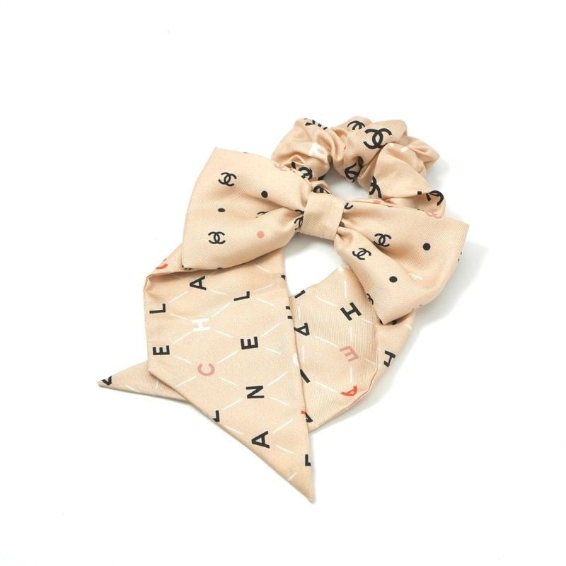 Chanel Hair Silk Beige CC Logo Ribbon Scrunchie Tie