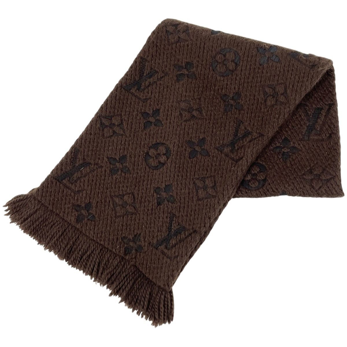 Louis Vuitton Echarpe Logo Mania Fringe Scarf Wool Silk Brown
