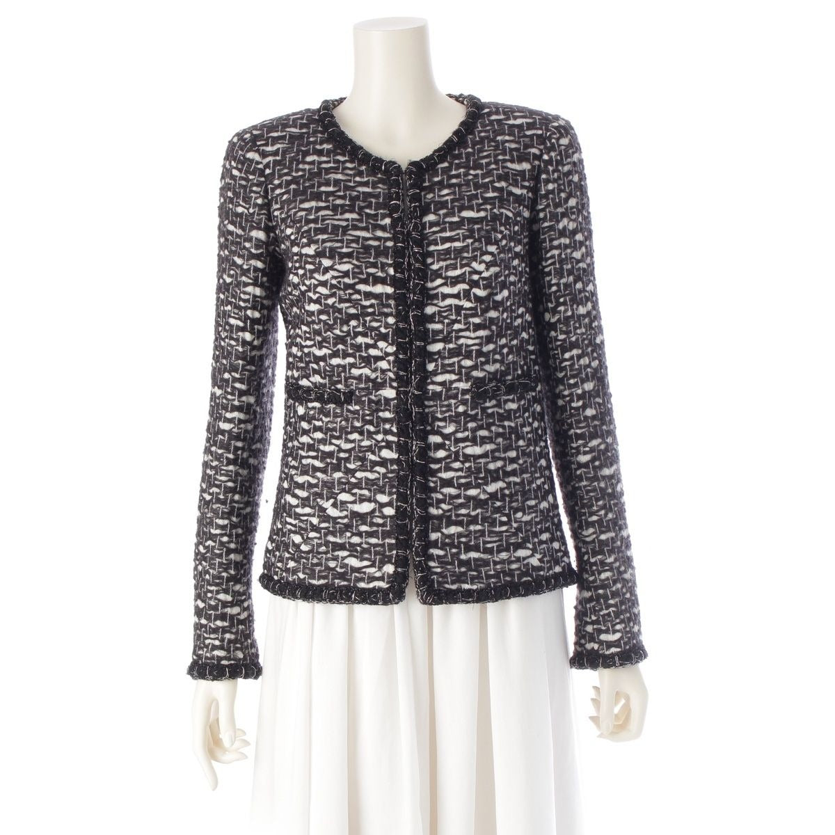 Chanel Wool CC Logo Trimmed Collarless Jacket Black White 34 X