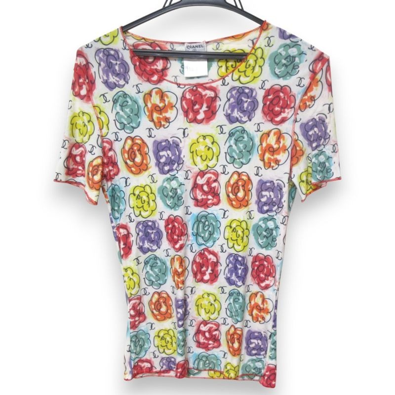 Chanel Vintage Camellia Coco Mark Short Sleeve T-Shirt Cut And Sewn 00S