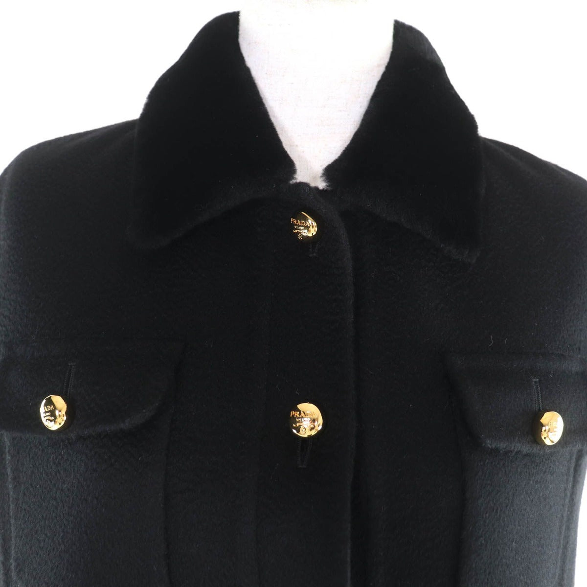 Prada Cashmere with Sheep Fur Logo Button Short Sleeve Coat — view 4