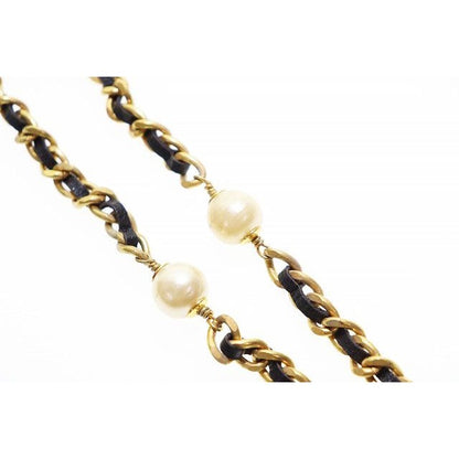 Chanel Vintage Pearl Leather Chain Long Necklace Black Aa X — view 2