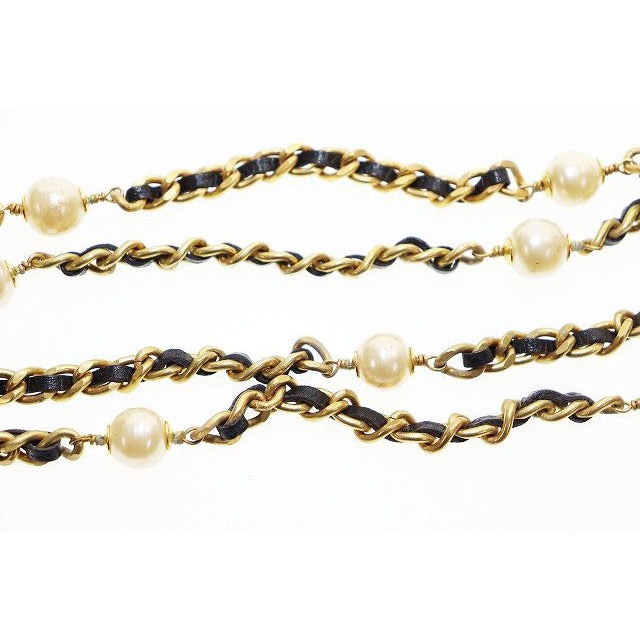 Chanel Vintage Pearl Leather Chain Long Necklace Black Aa X — view 3