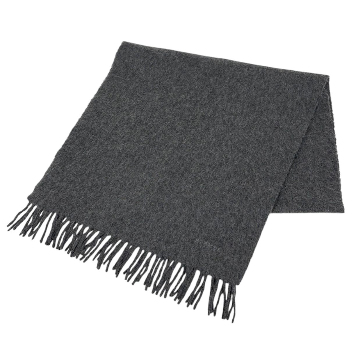 Hermes Logo Scarf Fringe Cashmere Gray