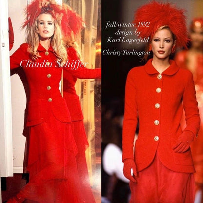 CHANEL Runway Tweed Jacket Skirt Set Iconic Wool Blend Suit Set Red 38