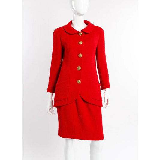 CHANEL Runway Tweed Jacket Skirt Set Iconic Wool Blend Suit Set Red 38