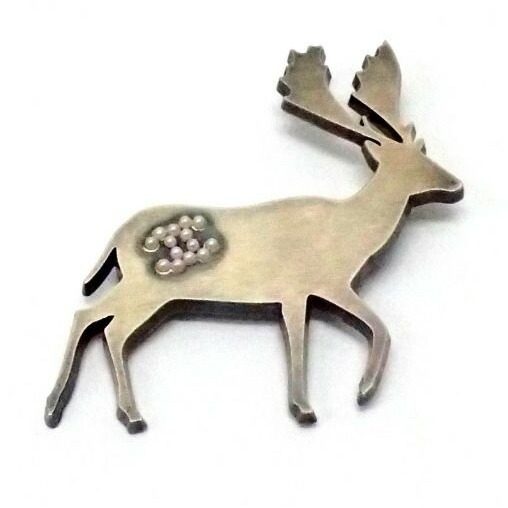 Chanel Brooch Reindeer Silver Costume Pearl Antique