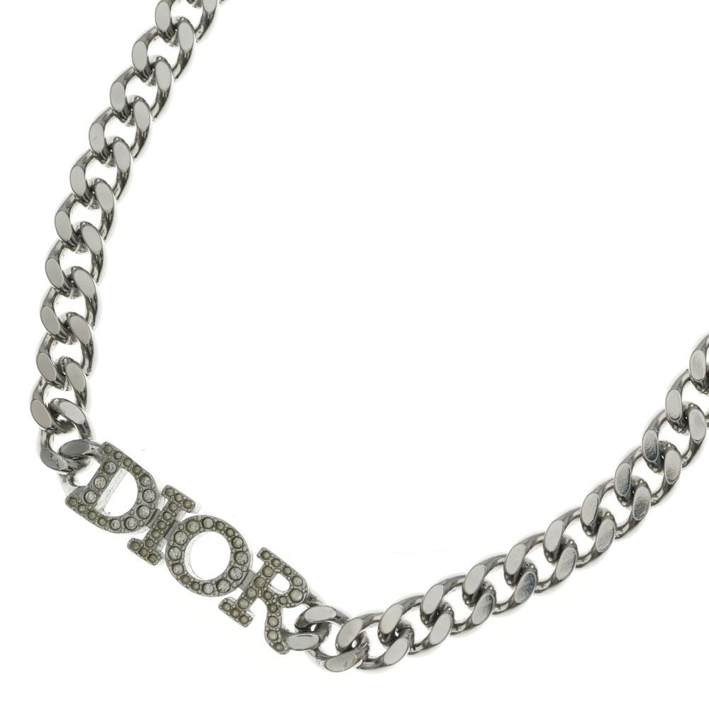 Dior Evolution Rhinestone Logo Chain Necklace Pendant Silver