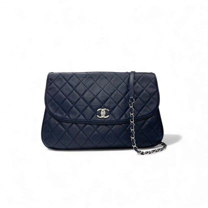 Chanel Bag Shoulder Lambskin Navy Silver Quilted Turnlock