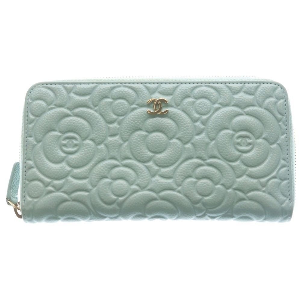 Chanel Camellia Zip Around Wallet Card Case Light Blue Caviar Leather Gold
