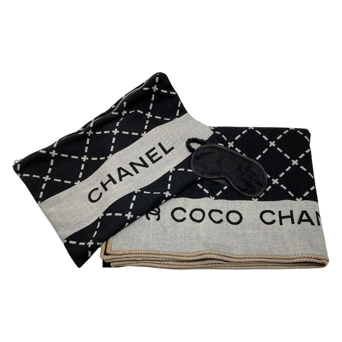 Chanel Coco Mark Travel Set Blanket Eye Mask Black Gray Wool Silk