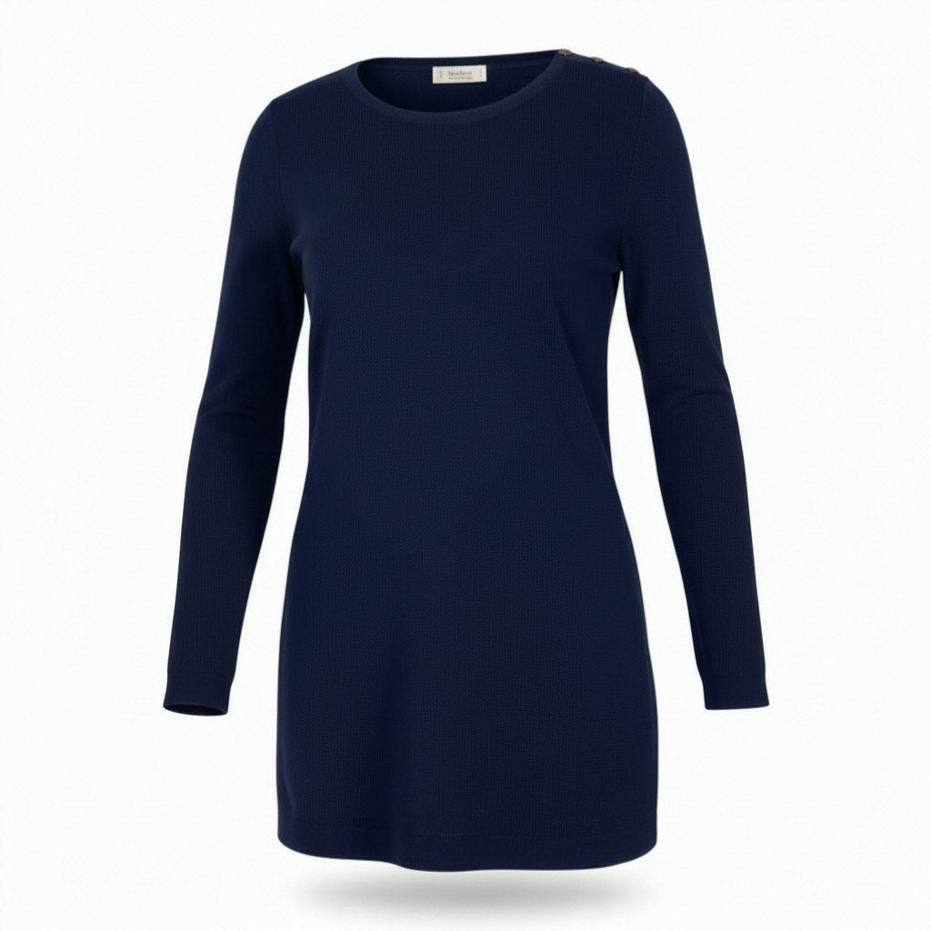 Saint Laurent Yves Rive Gauche Ribe Long Sleeve Knit Gold Button Navy Rayon