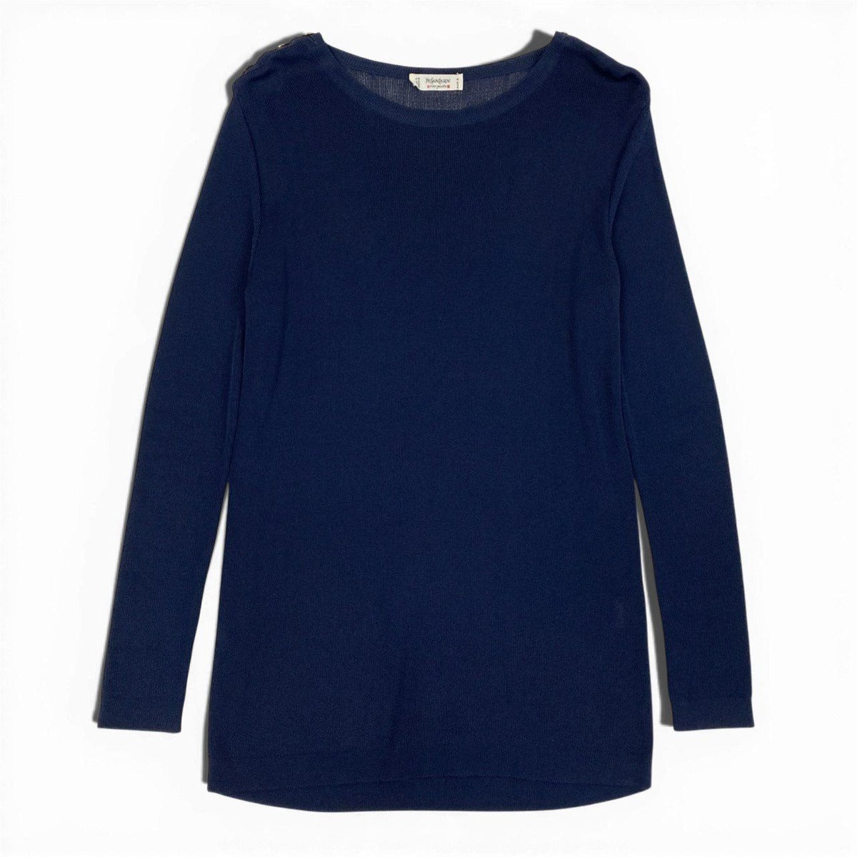 Saint Laurent Yves Rive Gauche Ribe Long Sleeve Knit Gold Button Navy Rayon — view 2