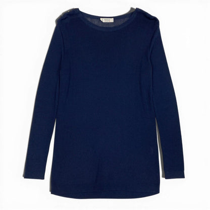 Saint Laurent Yves Rive Gauche Ribe Long Sleeve Knit Gold Button Navy Rayon — view 2