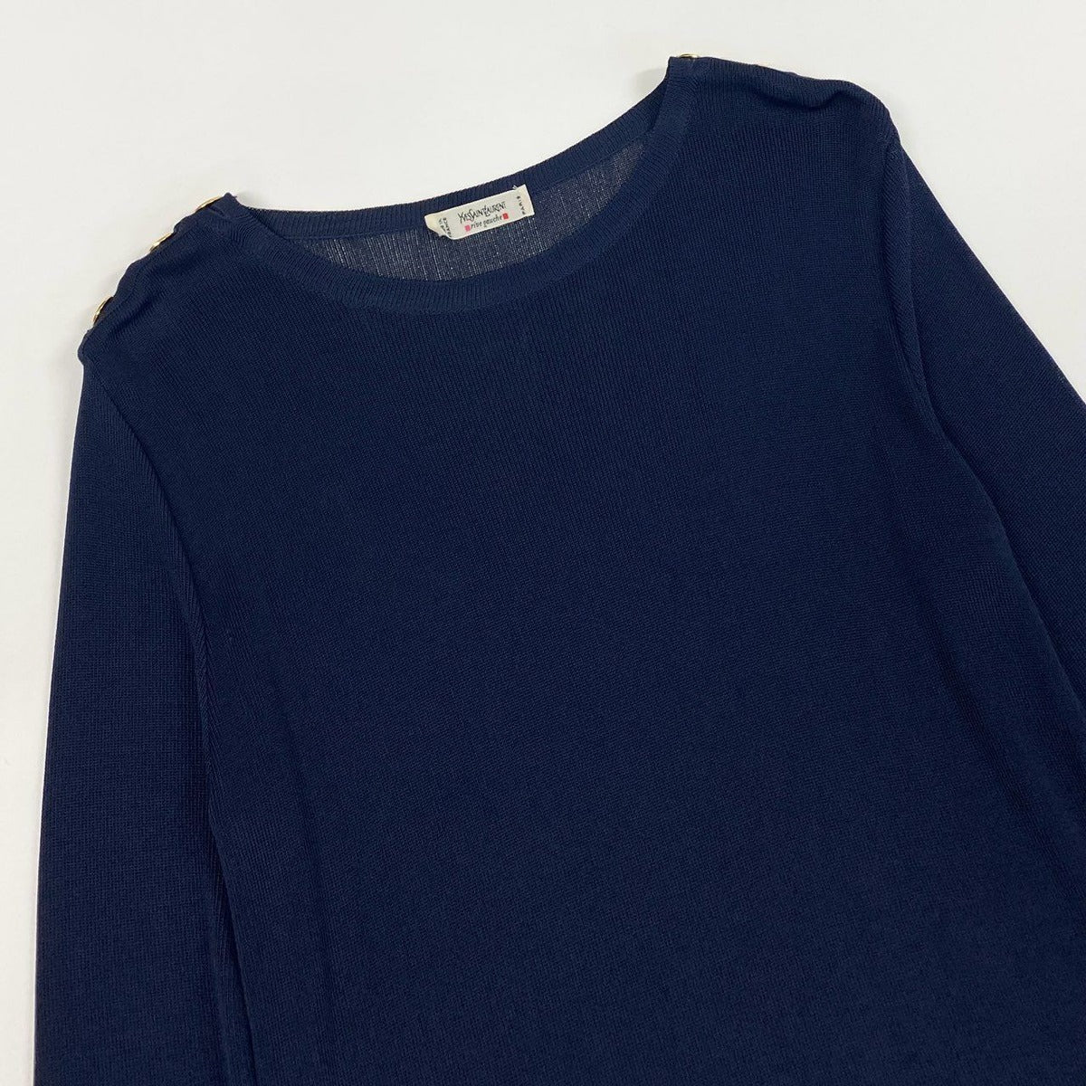 Saint Laurent Yves Rive Gauche Ribe Long Sleeve Knit Gold Button Navy Rayon — view 4